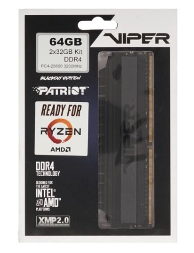 Оперативная память Patriot Memory VIPER 4 BLACKOUT 64 ГБ (32 ГБ x 2) DDR4 3200 МГц DIMM CL16 PVB464G320C6K